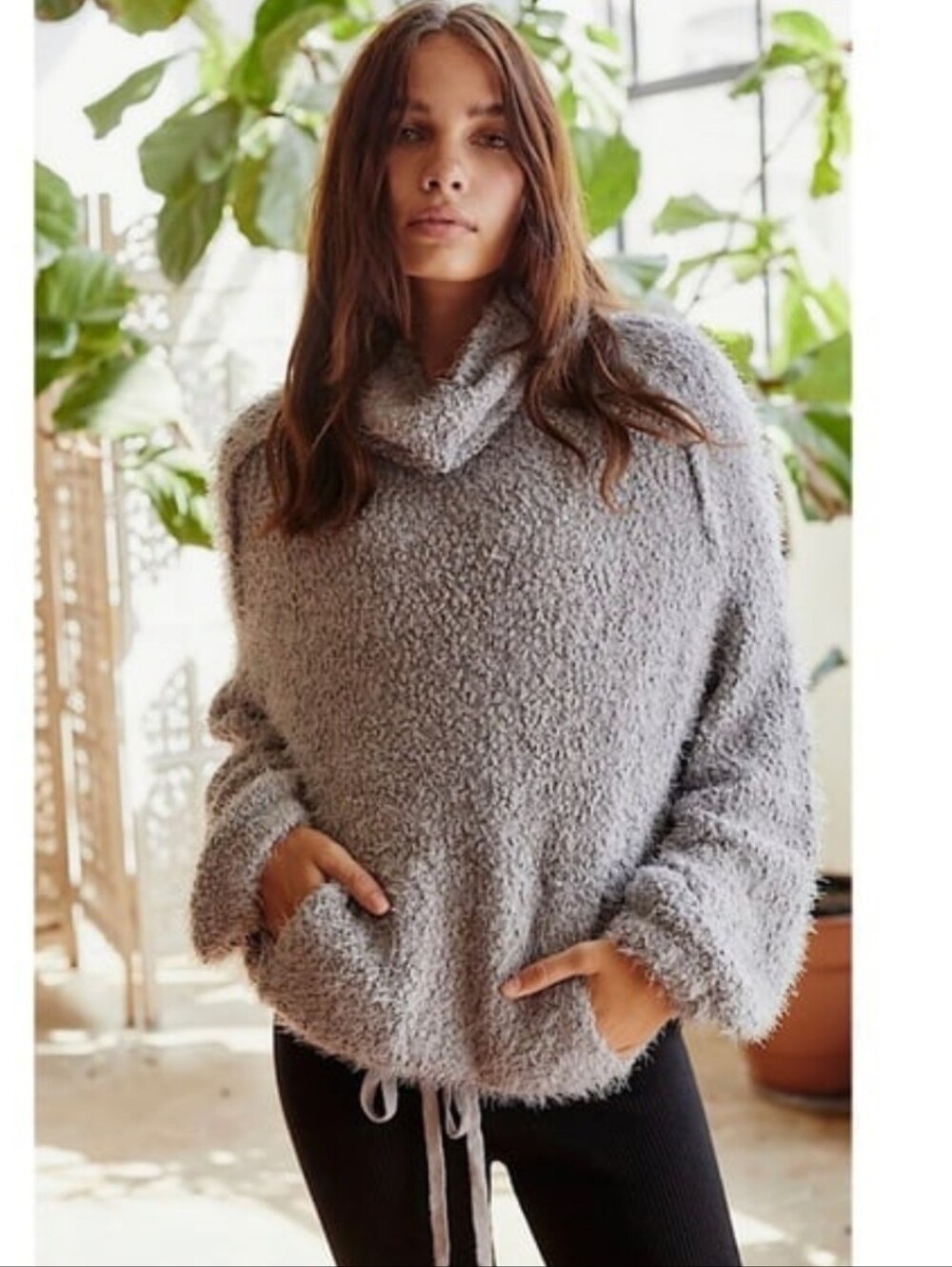 Free People FP Movement Heating Up Eyelash Knit Cowl Neck Sweater Sz M/L Gray
